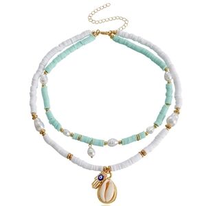 Aquamarine and White Faux Puka Layered Necklace